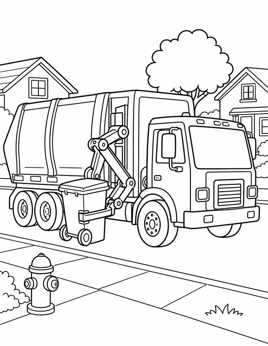 Free printable Side load garbage truck lifting a curbside cart coloring page for kids