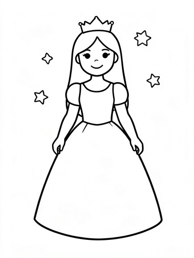Simple princess standing in a plain flowing gown with a crown and sparkle stars, clean bold outlines, coloring page line art