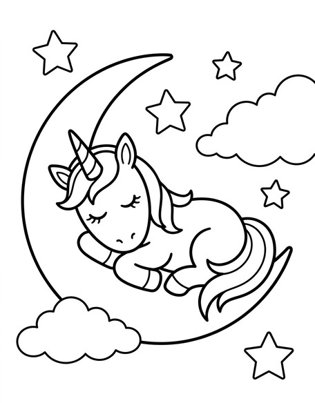 Sleeping unicorn crescent moon coloring page with stars and clouds for kids