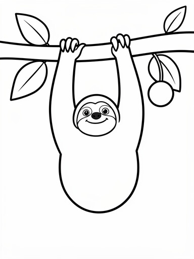 Sloth coloring page showing a smiling sloth hanging upside down from a tree branch with leaves