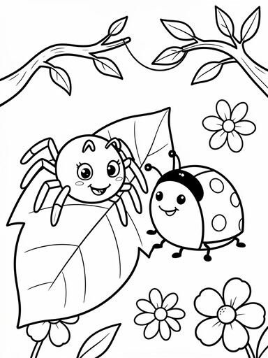 Spider and Ladybug Friends on a Leaf coloring page