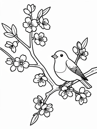Cherry Blossom Branch with a Robin coloring page