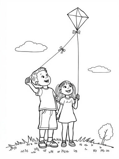 Kids Flying a Kite in the Park coloring page