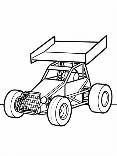 Sprint car coloring page showing a dirt track racer with a wire mesh nose and a big top wing