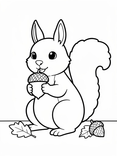Squirrel coloring page showing a squirrel sitting up holding an acorn with a bushy tail, an oak leaf, and a second acorn