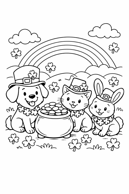St. Patrick's Day animals around a pot of gold with shamrocks coloring page