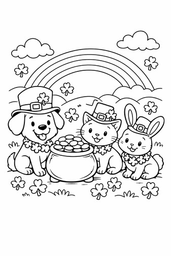 St. Patrick's Day animals with pot of gold, rainbow and shamrocks