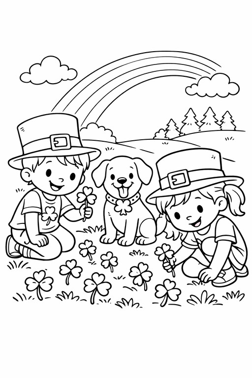 St. Patrick's Day kids and dog in leprechaun hats under a rainbow coloring page