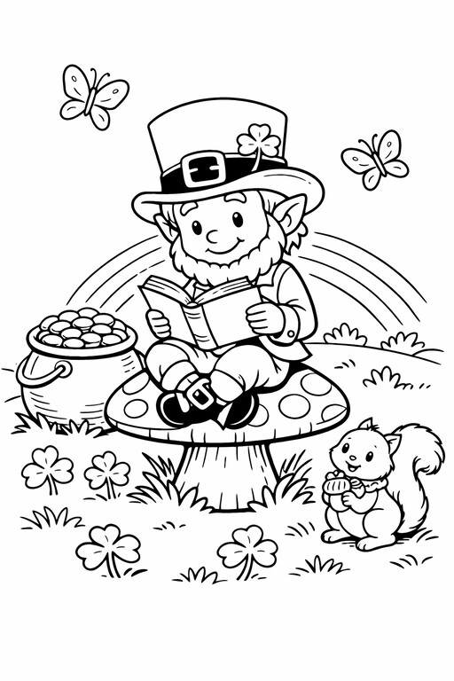 St. Patrick's Day leprechaun reading on a mushroom with shamrocks coloring page