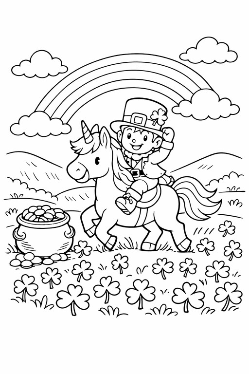 St. Patrick's Day leprechaun riding a unicorn through shamrocks coloring page