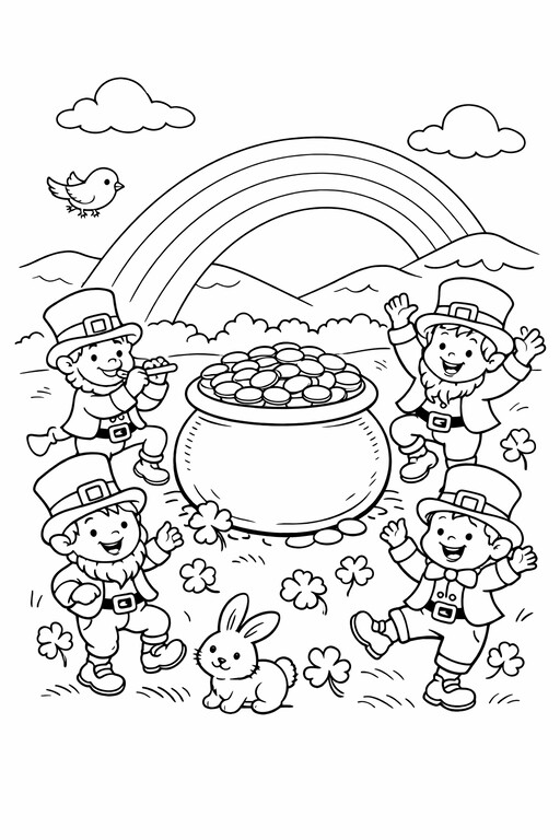 St. Patrick's Day leprechauns around a pot of gold with rainbow and shamrocks coloring page
