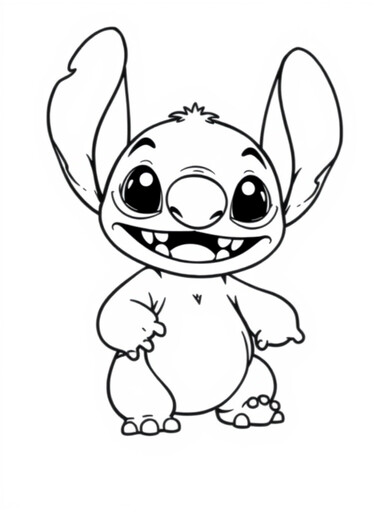 Stitch from Lilo and Stitch with large bat ears, wide grin, and four arms coloring page PDF preview