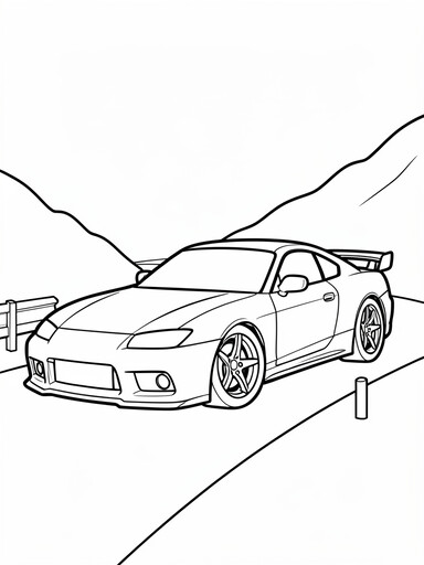 Subaru BRZ coloring page showing a low two-door sports coupe with a rear spoiler on a mountain road
