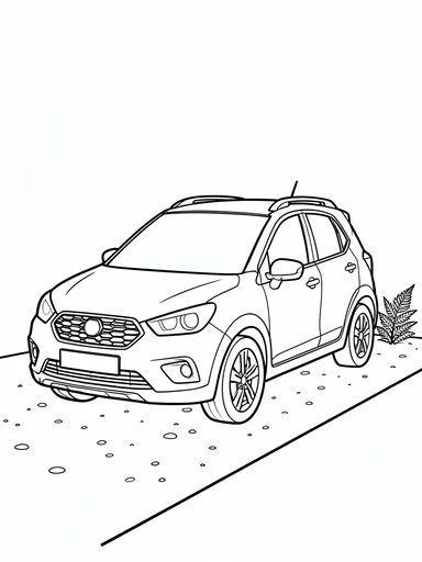 Subaru Crosstrek coloring page showing a small crossover with wheel-arch cladding on a gravel forest path