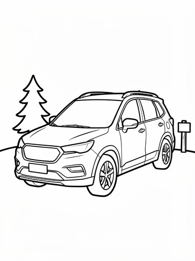 Subaru Forester coloring page showing a boxy crossover SUV with tall windows parked near a pine tree