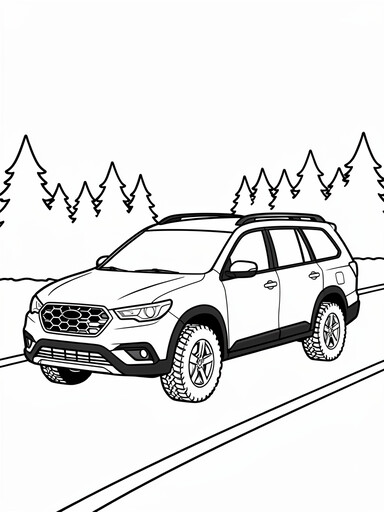 Subaru Outback coloring page showing a wagon with roof rails and black cladding on a forest road