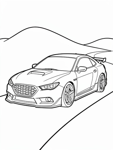 Subaru WRX coloring page showing a sport sedan with a hood scoop and rear spoiler on a winding road