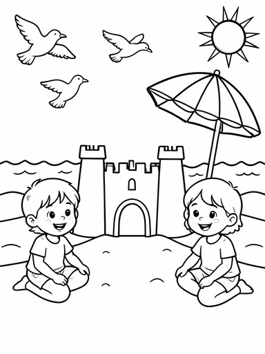 Two children building a sandcastle on beach with waves seagulls and umbrella coloring page