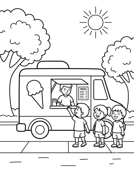 Ice cream truck with server in window, three kids lined up, summer trees and sun coloring page