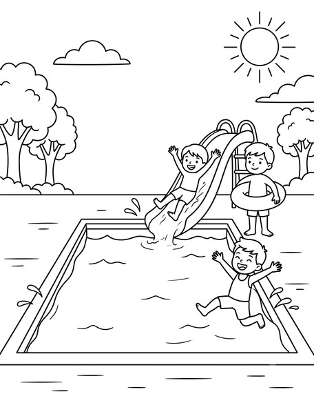 Three kids splashing in a backyard swimming pool with slide, swim ring, and sun coloring page