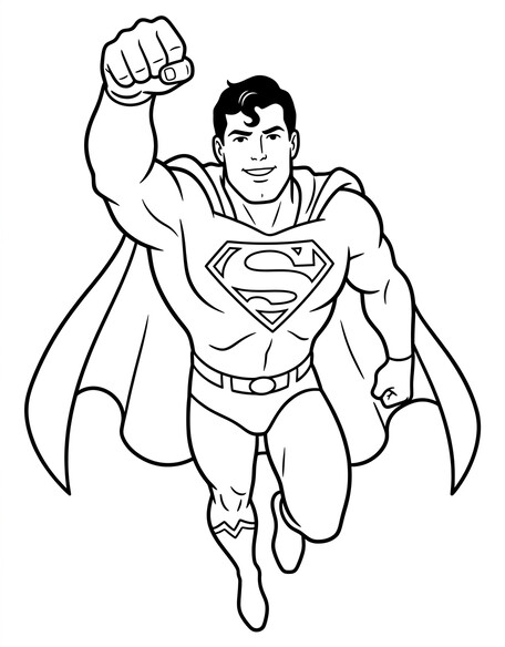Superman flying forward with fist raised and S-shield, coloring page PDF preview