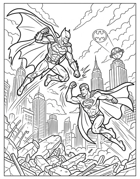 Superman vs Batman coloring page showing the Man of Steel and the Dark Knight in a face-off standoff pose PDF preview