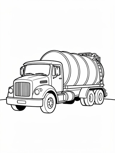 Tanker truck coloring page showing a cylindrical fuel tank and a short-hood cab with round headlights