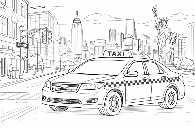 Taxi in New York City coloring page showing the taxi with clear body details and a simple printable street scene PDF preview