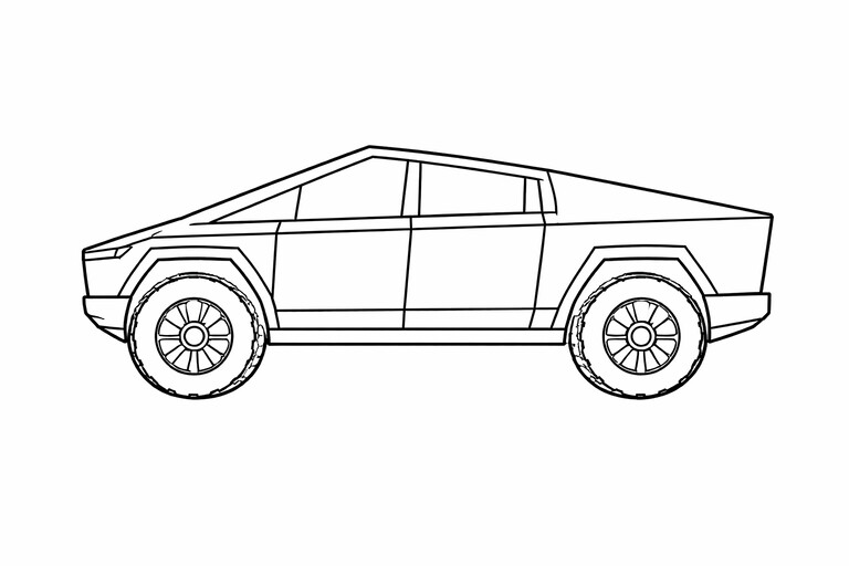 Tesla Cybertruck Pickup Side View coloring page showing the vehicle in a clean side-profile outline with the body PDF preview