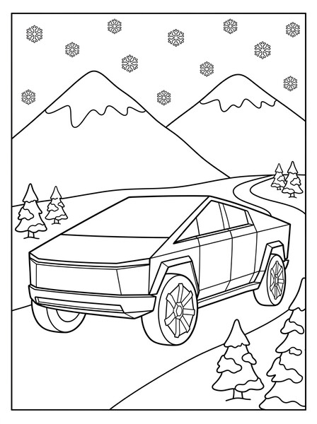 Cybertruck on a Snowy Mountain Road coloring page