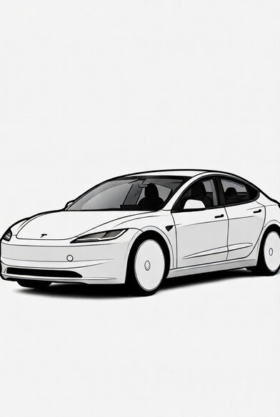 Tesla Model 3 coloring page showing an electric sedan with closed front fascia, flush handles, and aero wheels PDF preview