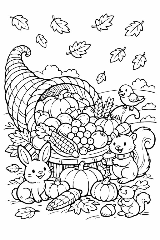Thanksgiving cornucopia with fruit, pumpkins, rabbit, squirrel, and leaves coloring page