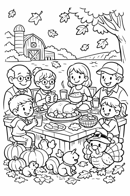 Thanksgiving family at a harvest table with pumpkins, pie, turkey, and farm scene coloring page
