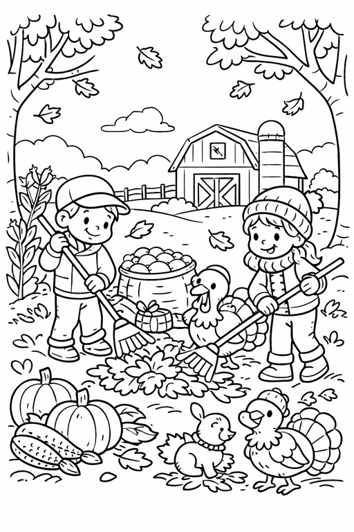 Thanksgiving children raking leaves near a turkey, pumpkins, and barn coloring page