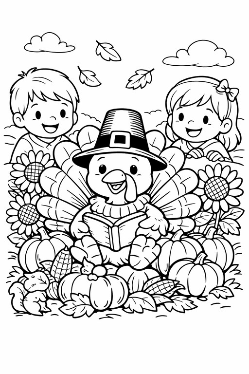 Thanksgiving pilgrim turkey with pumpkins, sunflowers, and harvest plants coloring page