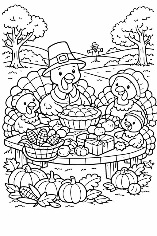 Thanksgiving turkeys at a harvest table with pumpkins and autumn leaves coloring page