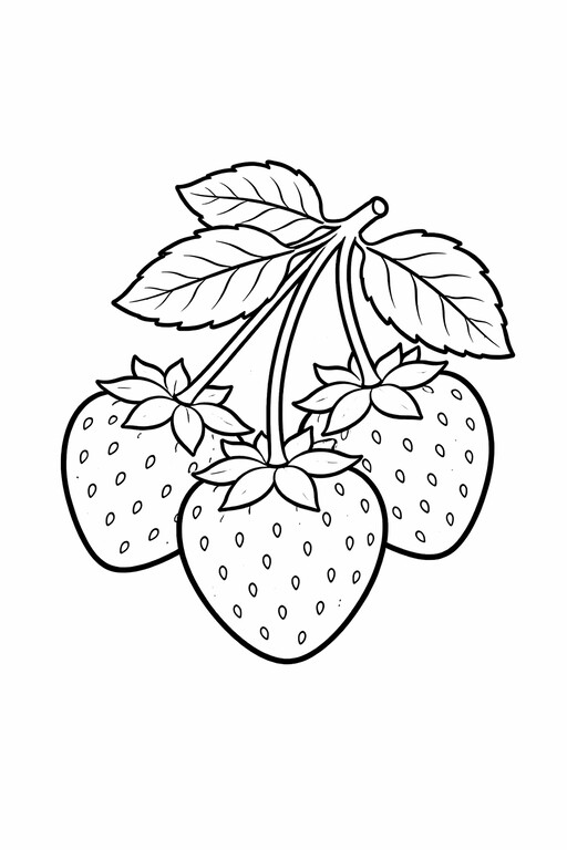 Strawberry coloring page showing three strawberries with leaves on one branch PDF preview