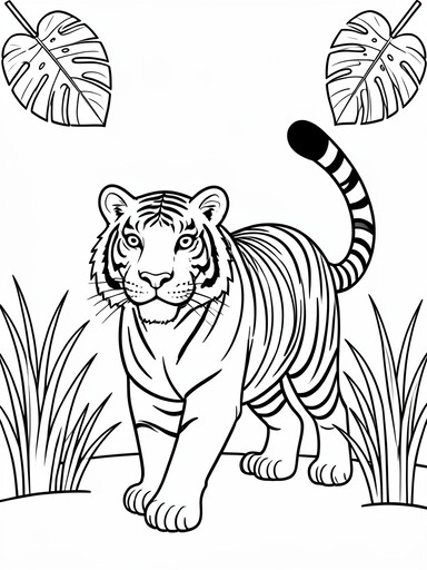 Tiger walking through jungle with tall grass and tropical leaf plants coloring page