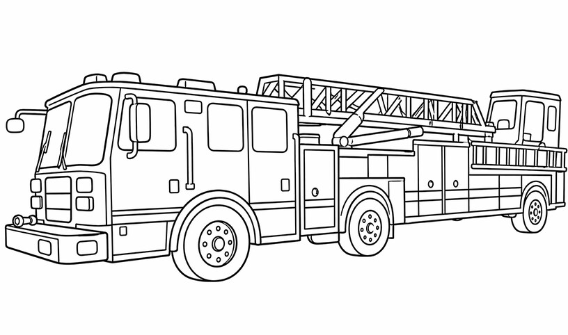Tiller firetruck side view with multiple axles and raised ladder PDF preview