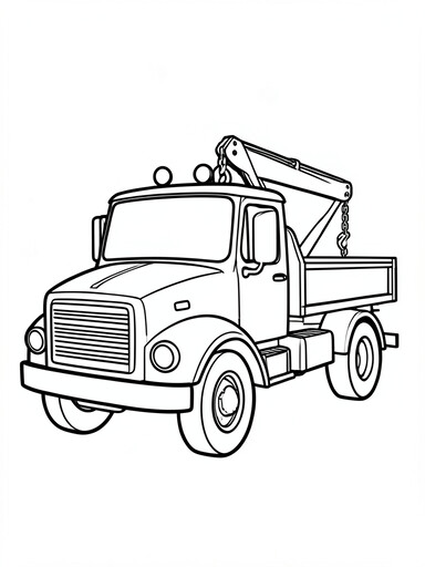 Tow truck coloring page showing a sturdy cab, a rear boom arm with a raised hook and chain, and a roof beacon light