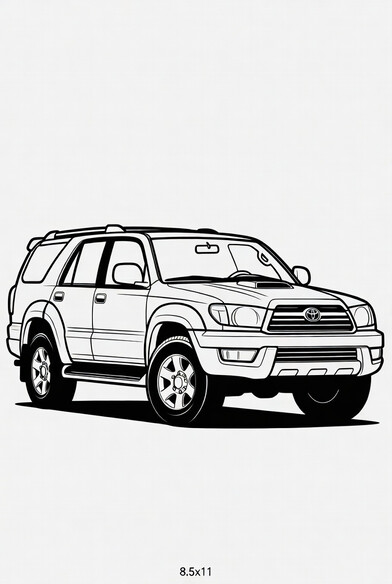Toyota 4Runner coloring page showing a mid-size SUV with boxy body, roof rack rails, and chunky tires PDF preview
