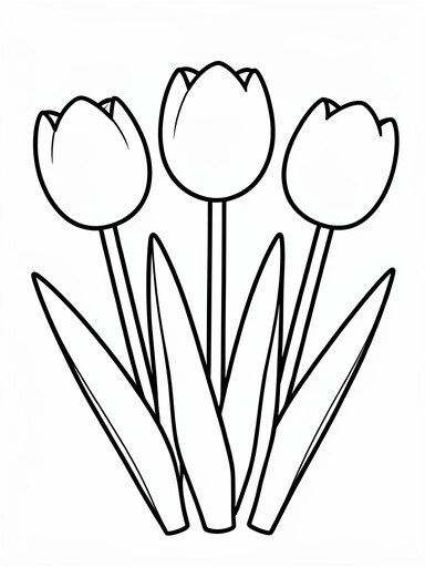 Three tulips in full bloom with cup-shaped petals and straight stems coloring page
