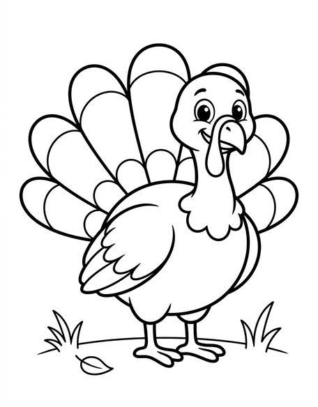 Turkey coloring page with friendly cartoon turkey and fanned tail PDF preview
