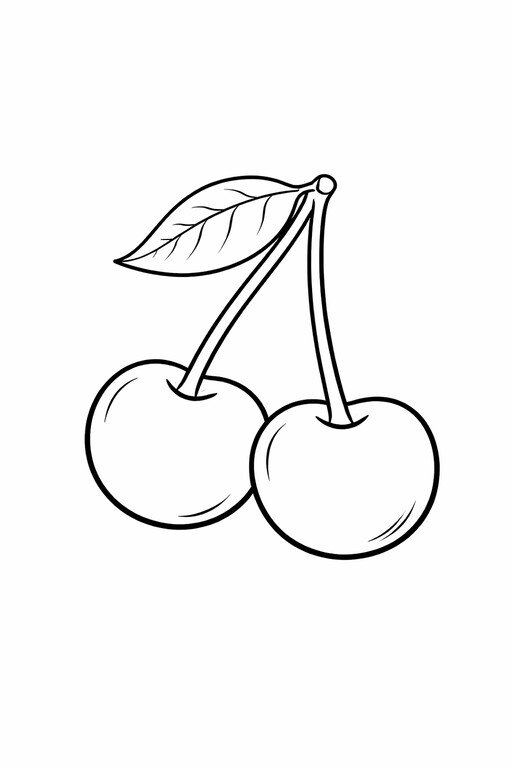 Cherry coloring page showing two cherries on one stem with a leaf PDF preview