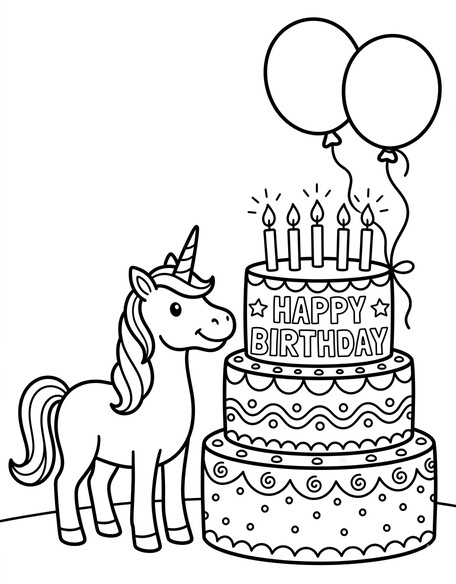 Unicorn birthday coloring page with unicorn beside a Happy Birthday cake with candles and two floating balloons PDF preview
