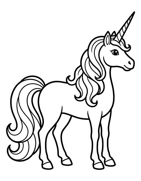 Classic unicorn coloring page with cartoon unicorn facing right, spiral horn, swirly mane, and long curly tail PDF preview