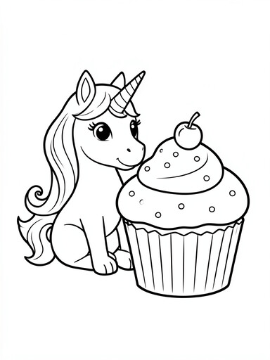 Unicorn and cupcake coloring page with giant cupcake, round dome frosting, sprinkle dots, and cherry on top