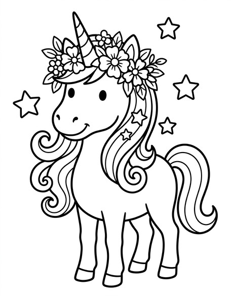 Unicorn flower crown coloring page with stars and flowing mane for kids