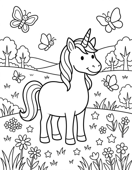 Unicorn Flower Meadow Butterflies coloring page showing a unicorn standing in a flower meadow with butterflies PDF preview