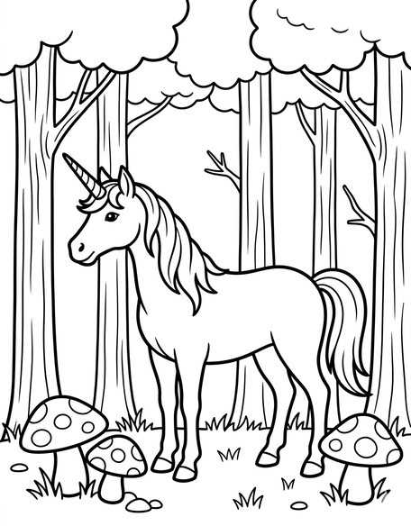 Unicorn forest coloring page with unicorn facing left among tall tree trunks with round canopies and mushrooms PDF preview